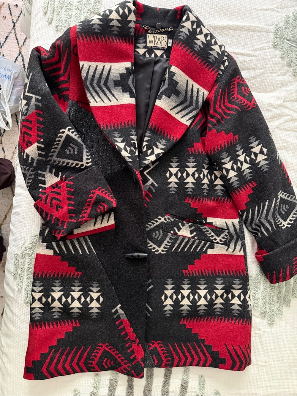 Red & Black Geometric Wool-Blend Trench Coat